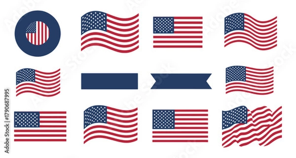 Obraz USA Flag Icon Set – American Patriot Symbols, Memorial Day, and 4th of July Vector Collection