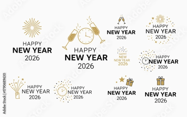 Obraz Happy New Year 2026 Lettering Set – Gold Calligraphy Typography Vector Illustration