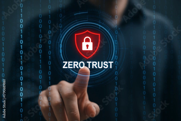Fototapeta Zero trust cybersecurity concept with digital lock symbol and network protection security authentication and data safety system