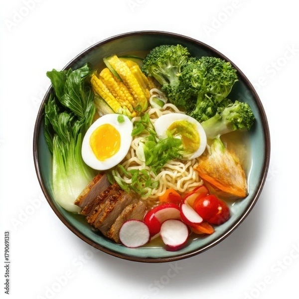 Obraz Delicious ramen bowl with pork and vegetables isolated on white background