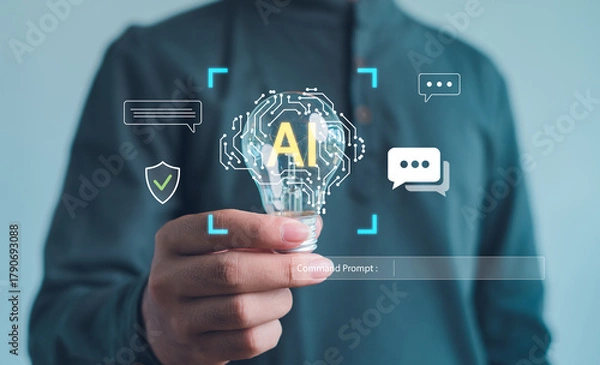 Fototapeta Artificial intelligence innovation concept with a person holding a glowing light bulb symbolizing AI, communication, and digital technology for future smart innovation and cybersecurity.