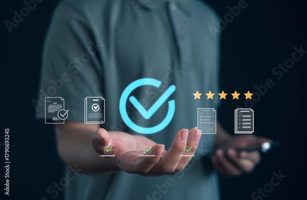 Fototapeta Professional quality assurance concept with digital checkmark icon, document verification, and 5-star rating for business standards, compliance, and certified service excellence.