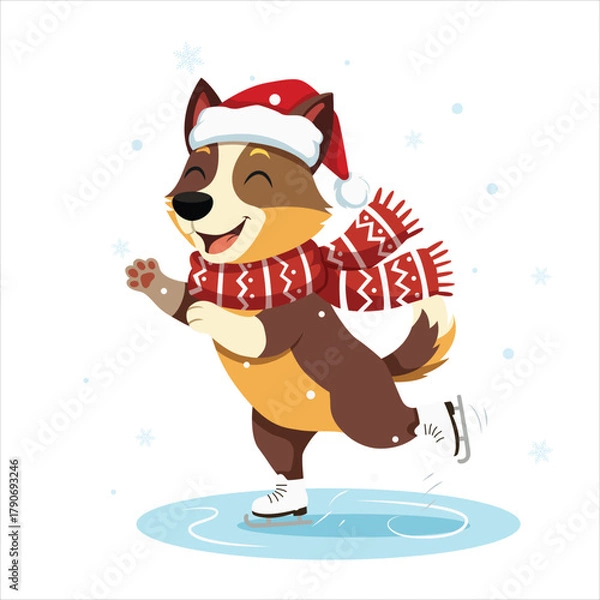 Fototapeta Cheerful Dog in Christmas Costume Ice Skating Happily in Snowy Winter Scene