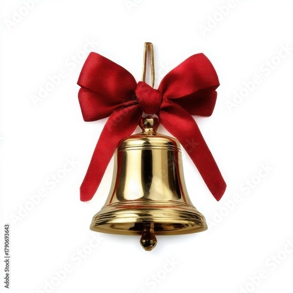 Fototapeta Golden christmas bell with red ribbon isolated on white background