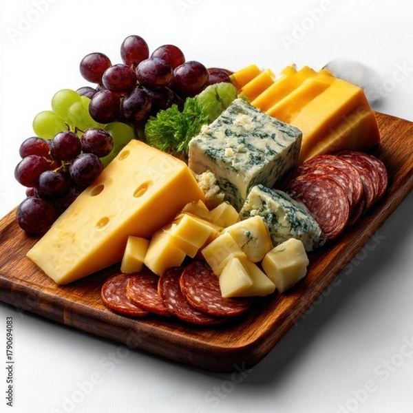 Obraz Gourmet cheese and charcuterie board with grapes isolated on white background