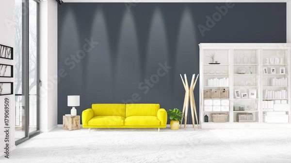 Fototapeta Scene with brand new interior in vogue with white rack and yellow couch. 3D rendering. Horizontal arrangement.