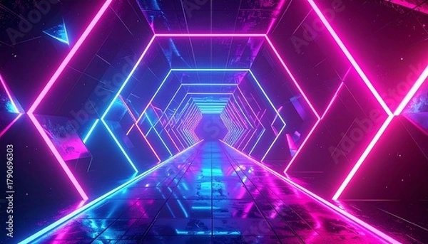 Fototapeta Glowing, neon hexagonal tunnel perspective with pink and blue light