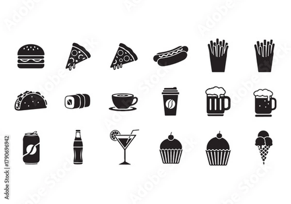 Fototapeta Food and drinks set icons for menu, infographics, design elements – stock vector