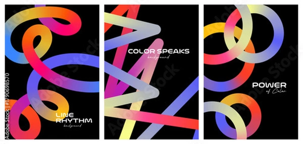 Fototapeta Set of gradient background with 3D color lines forming dynamic waves and ribbons for modern posters and prints.