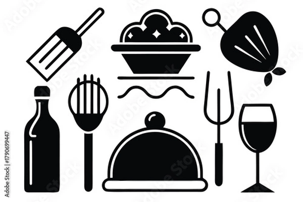 Fototapeta Food icons set, plate, fork, knife and spoon, set logotype menu, cutlery icon, tableware sign, catering icons, restaurant signs