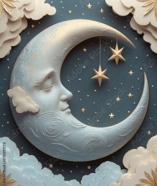 Fototapeta Moonlit dreams blossom in a serene night sky with stars and clouds softly floating