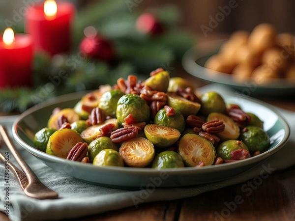 Fototapeta Festive Brussels sprouts with pecans and bacon create a delightful holiday side dish setting