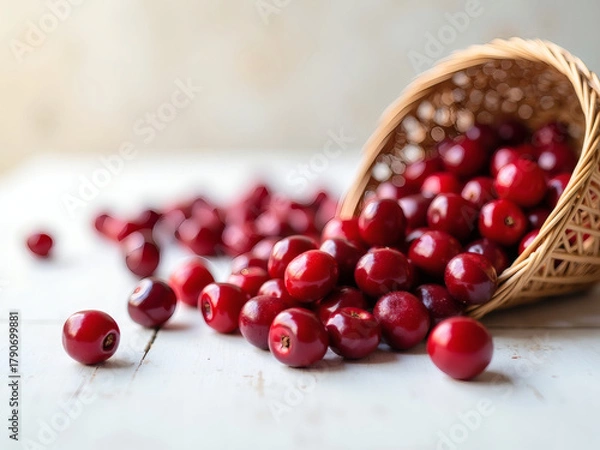 Fototapeta Freshly picked red berries spill from a woven basket onto a rustic wooden surface, showcasing nature's vibrant colors and delicious bounty