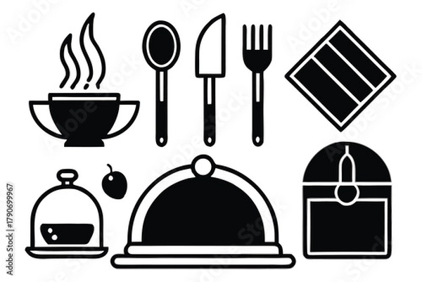 Fototapeta Food icons set, plate, fork, knife and spoon, set logotype menu, cutlery icon, tableware sign, catering icons, restaurant signs