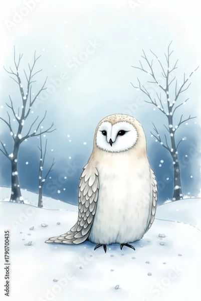 Fototapeta Snowy landscape with a charming owl standing amidst falling snowflakes in a serene winter setting