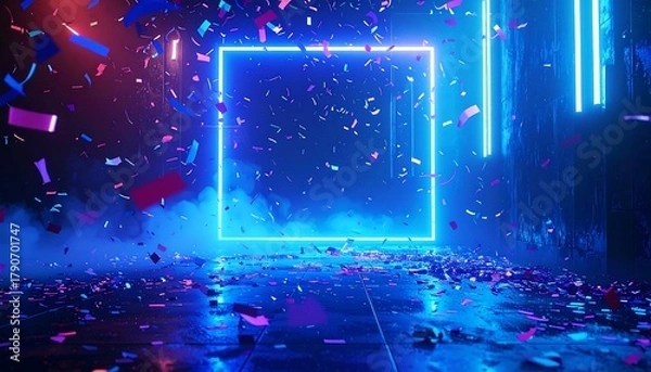 Fototapeta Glowing neon square with confetti falling in a misty scene, reflecting on a polished surface