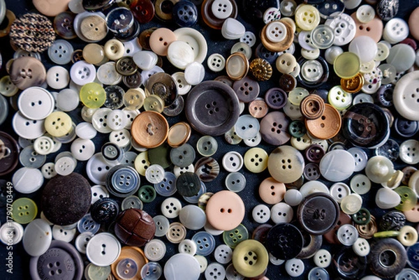 Obraz Clothes buttons in a pile of different sizes and colors, ready to repair a garment