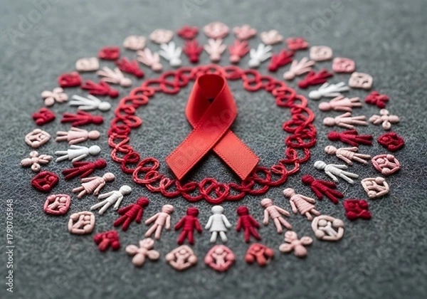 Obraz Red ribbon surrounded by embroidered figures for aids awareness campaign