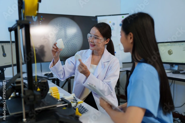 Fototapeta Researchers are working with a 3D printer to print clear, white plastic models using cutting-edge, focused technology in the lab.