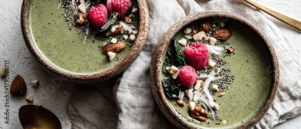 Fototapeta Green Smoothie Bowls with Raspberry and Almond Toppings Overhead Close-up in Rustic Wooden Bowls on Neutral Linen
