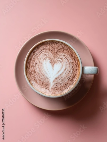 Fototapeta Overhead view of latte art heart in coffee cup on pink saucer and background studio shot