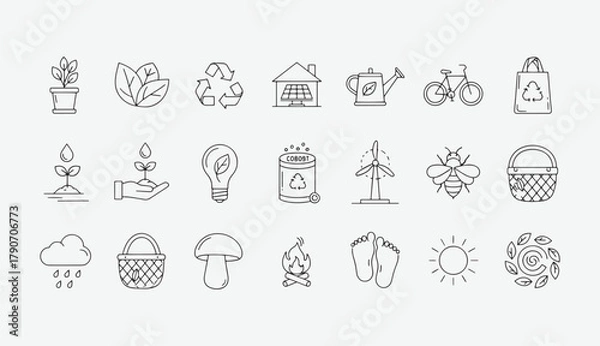 Obraz Sustainability Line Icon Set – Eco Energy, Green Environment, Renewable Resource Vector Collection