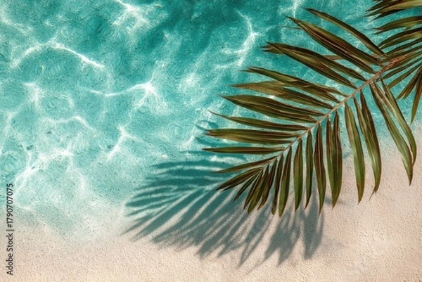 Fototapeta Palm frond casts shadow on sand and turquoise water in tropical paradise from above summer vacation