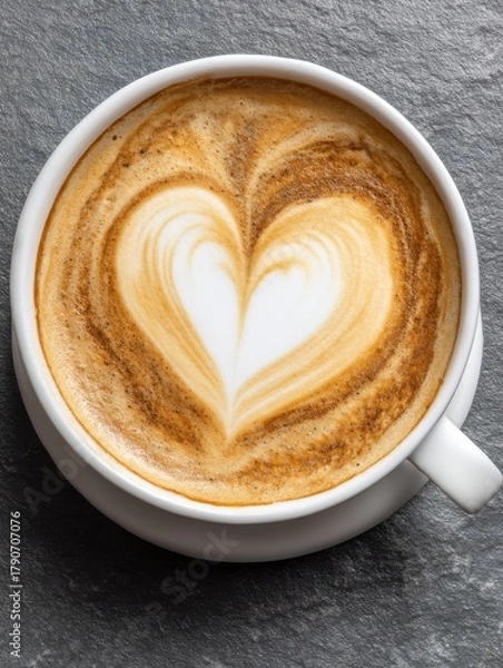 Fototapeta Latte art heart in white cup on gray slate background overhead close up coffee drink beverage
