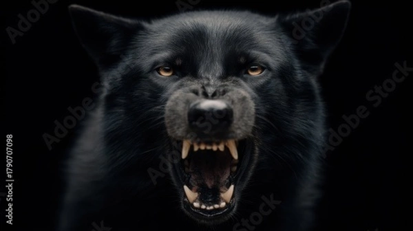 Fototapeta Black wolf snarling aggressively head on studio shot with dark background showing teeth and amber eyes