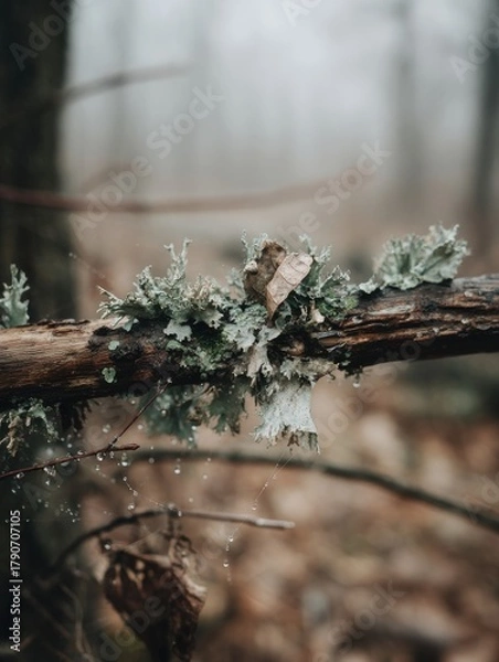 Fototapeta Lichen Growing on Branch in Misty Forest Close Up Shot Nature Detail Outdoors Woodland Environment