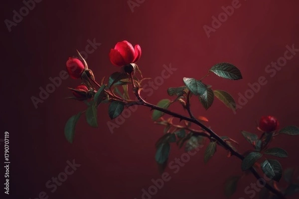Obraz Moody Roses on Branch Close Up Dark Red Background Romantic Still Life Style Floral Photography