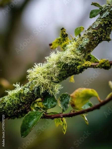 Fototapeta Moss and Lichen Growing on Tree Branch Close Up Still Life Nature Photography in Pacific Northwest Forest