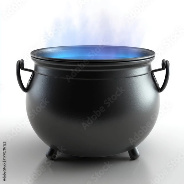 Obraz Black cauldron bubbling with blue liquid and steam on white background studio shot Halloween concept witch brew potion