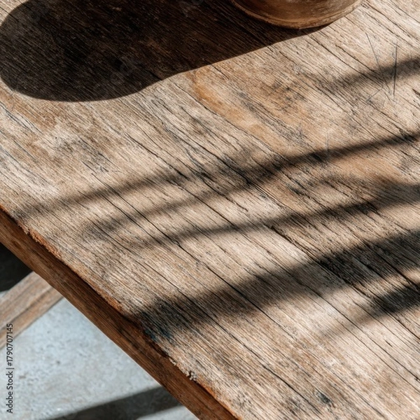 Fototapeta Rustic wooden table surface in sunlight, close-up shot with shadows, texture and grain detail, natural light, weathered finish