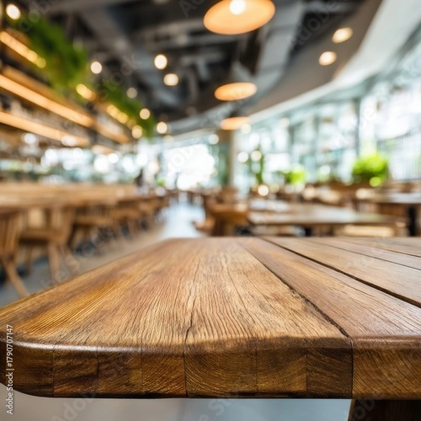Fototapeta Wooden table surface in restaurant interior with blurred background and soft lighting for product placement and food photography