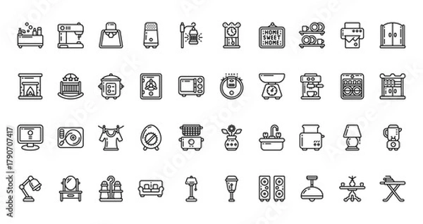 Fototapeta 40 set of outline web home icons such as sewing hine, clock, fireplace, vacuum cleaner, monitor, flowers, lamp vector thin icons for report, presentation, diagram, web design, mobile app