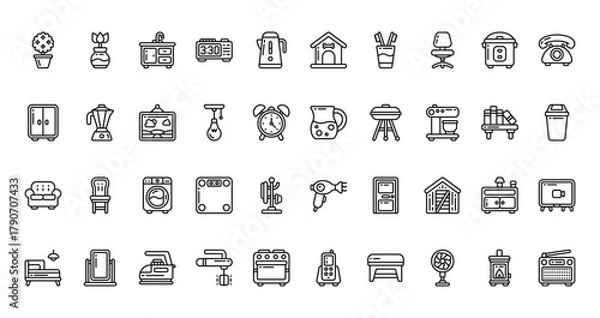 Fototapeta 40 set of outline web home icons such as plant, dog house, wardrobe, jug, sofa, hair dryer, bed vector thin icons for report, presentation, diagram, web design, mobile app