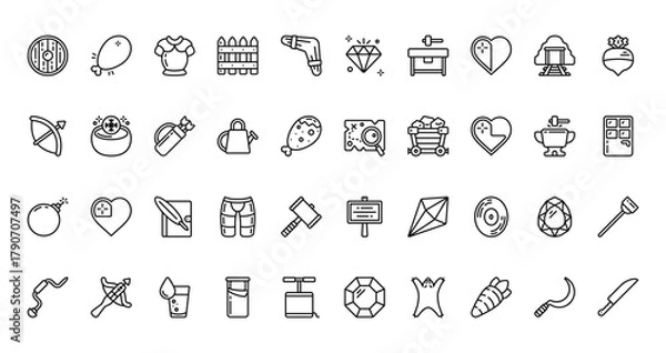 Fototapeta 40 set of outline web crafting game collection. icons such as chicken, gem, bow, map, bomb,  , drill vector thin icons for report, presentation, diagram, web design, mobile app