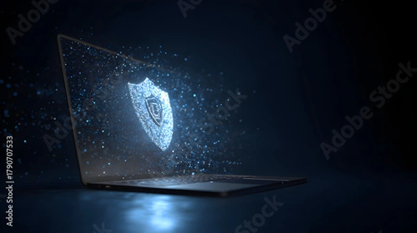 Obraz Digital shield hologram appearing from a laptop screen symbolizing online safety, cyber protection, secure data access, and modern information security technologies
