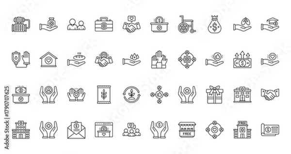 Fototapeta 40 set of outline web donations icons such as drug, charity, blood transfusion, hands up, donations, thumbs up, clinic vector thin icons for report, presentation, diagram, web design, mobile app