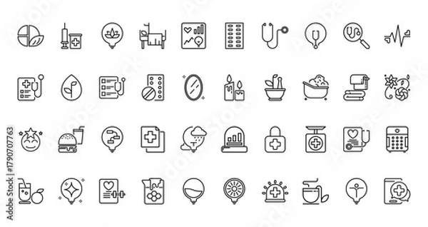 Fototapeta 40 set of outline web health body and mind icons such as medicine, capsule, medical record, candle, happy face, mortality, juice vector thin icons for report, presentation, diagram, web design,