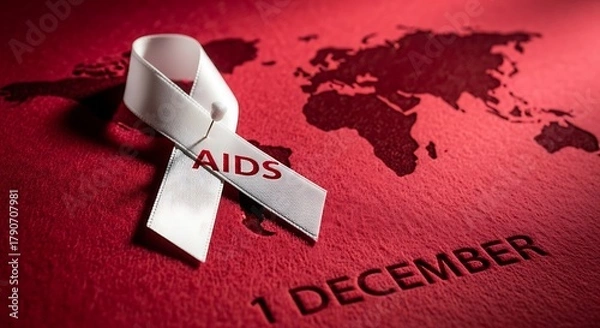 Obraz World aids day concept with white ribbon and world map on red background