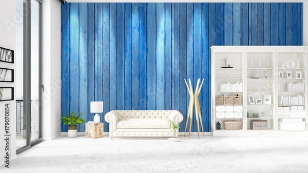 Fototapeta Modern loft interior in vogue with white couch and copyspace in horizontal arrangement. 3D rendering.