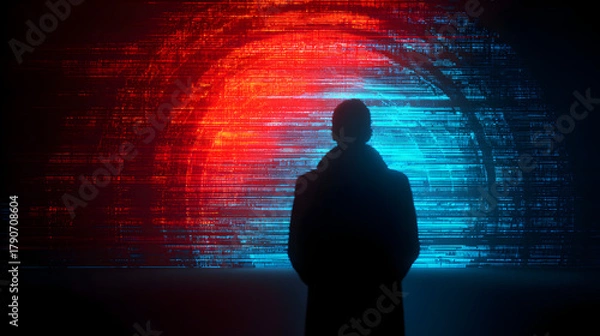 Obraz Silhouette facing a vivid circular fusion of red and blue digital energy fields symbolizing cyber conflict, data flow, and futuristic technology visualization
