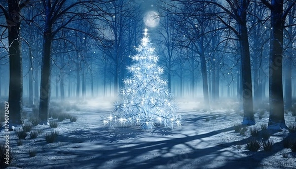 Obraz Magical Glowing Christmas Tree in a Mysterious Snowy Winter Forest at Night