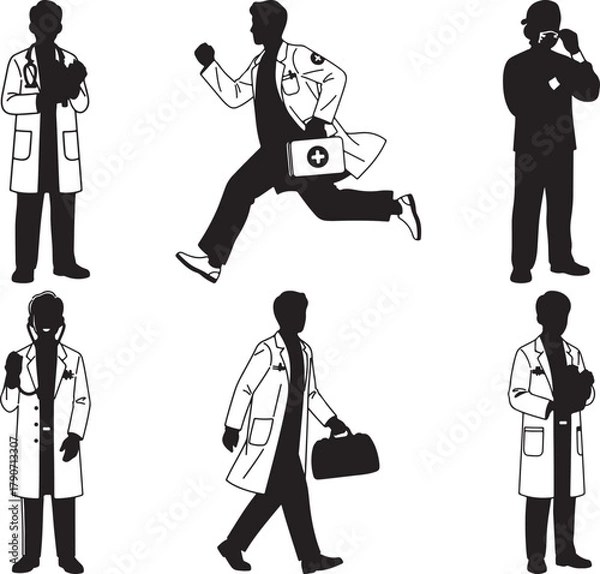 Obraz Silhouette illustrations of doctors in various poses including running talking on the phone and holding medical bags and stethoscopes in black and white