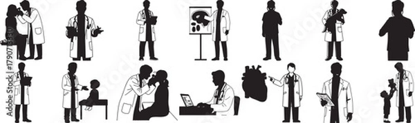 Obraz Doctors and healthcare professionals in various medical settings providing care and consultation to patients with medical equipment and anatomical models