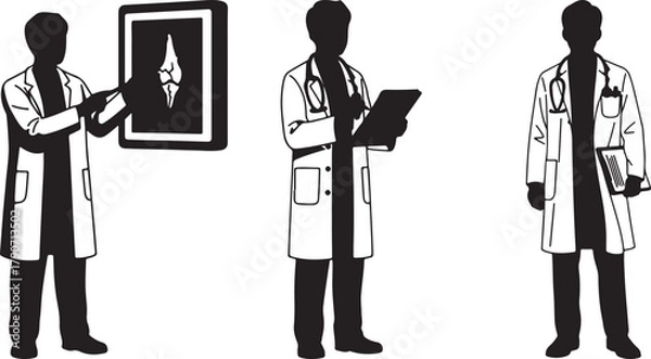 Obraz Three doctors in lab coats examine xray and medical records in a clinical setting for healthcare and medical professionals