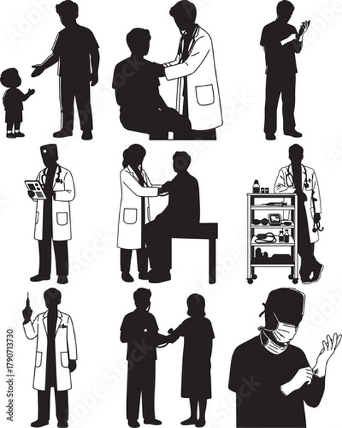 Obraz Black and white silhouette illustration of doctors and medical professionals in various healthcare settings providing patient care and treatment