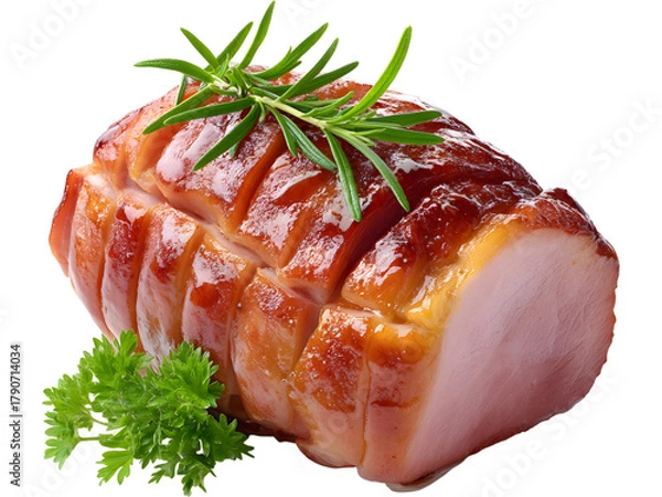 Fototapeta Delicious baked ham garnished with fresh rosemary isolated on transparent background, ideal for festive meal or food design themes.